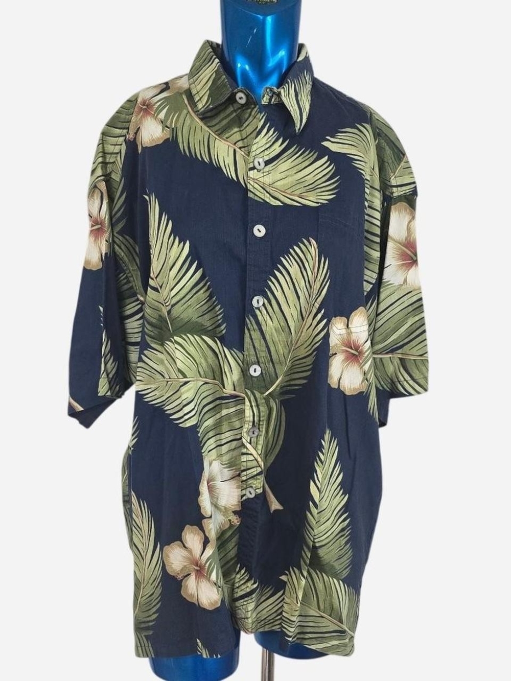 Men's Navy Tropical Leaf Print Short-Sleeve Button-Down Shirt